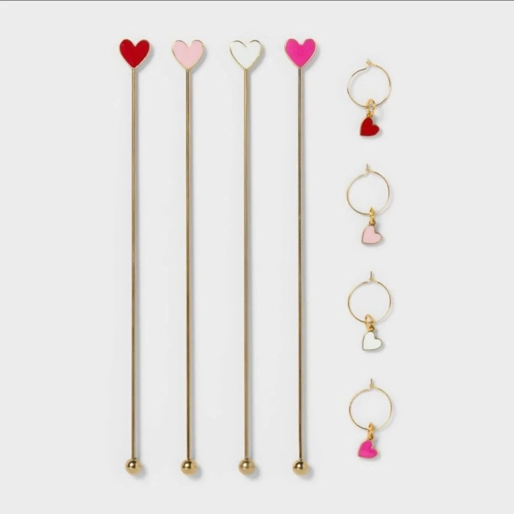 Target Cheers To Us Heart‎ Drink Stirrers and Wine Charms Set Gold Pink Red 8pc